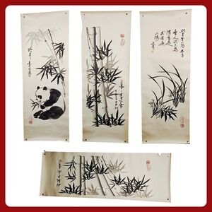 Gu Qingsha Chinese Ink Wash Painting Set 4 Panda Bamboo Orchid Xieyi Signed